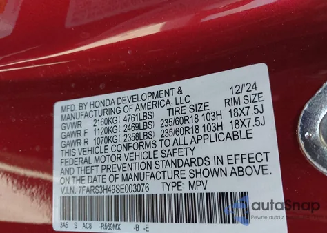 2025 Honda Cr-V Ex 2Wd from USA, damaged, VIN 7FARS3H49SE003076
